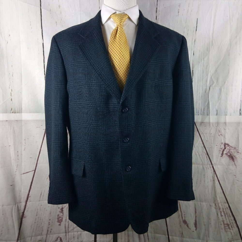 Corporate Gear Munsing Wear 46L Lambswool 3 Button Blue Plaid Suit Blazer Jacket